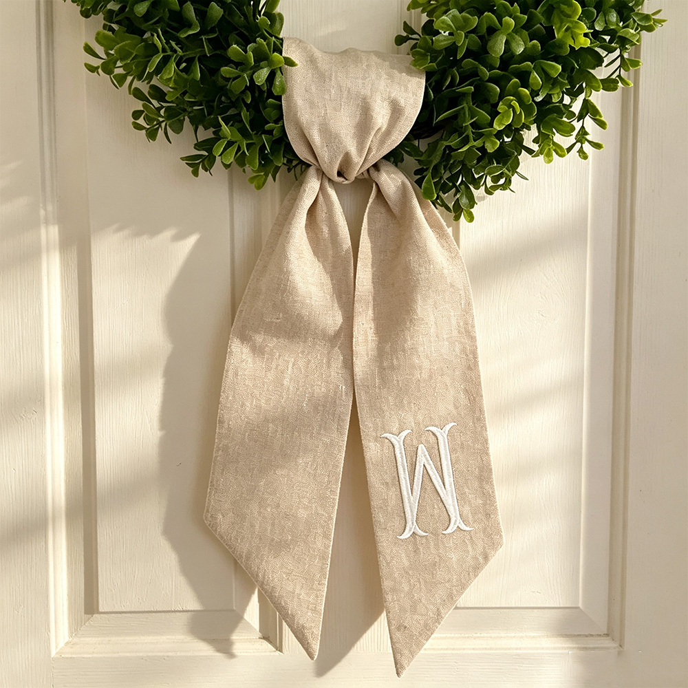 Personalized Wreath Sash, Custom Monogram Initial, Tan Front Door Wreath Decor
