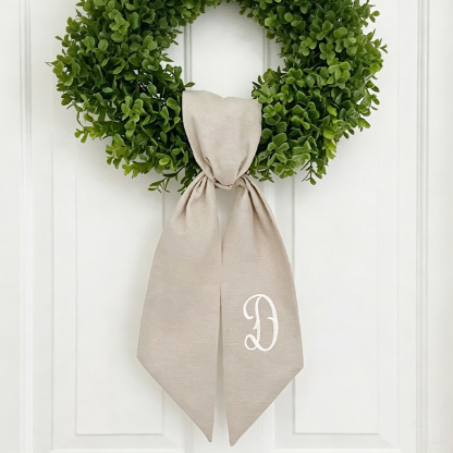 Personalized Wreath Sash, Custom Monogram Initial, Tan Front Door Wreath Decor