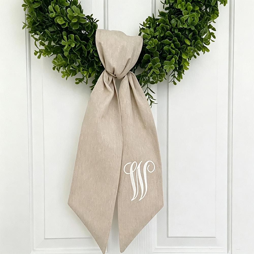 Personalized Wreath Sash, Custom Monogram Initial, Tan Front Door Wreath Decor