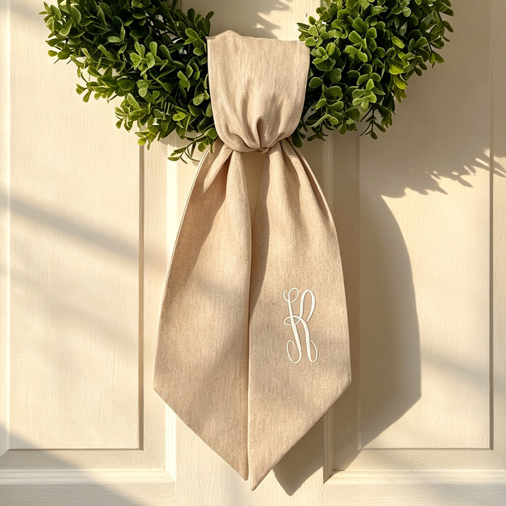 Personalized Wreath Sash, Custom Monogram Initial, Tan Front Door Wreath Decor