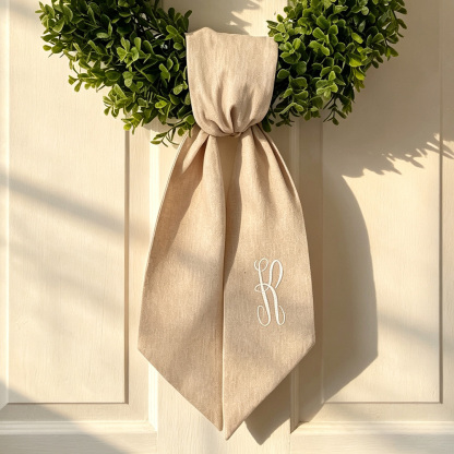 Personalized Wreath Sash, Custom Monogram Initial, Tan Front Door Wreath Decor