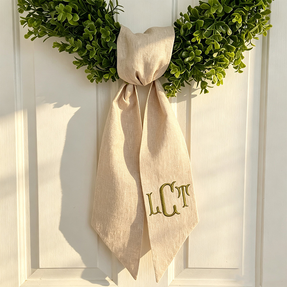 Personalized Wreath Sash, Custom Monogram Initial, Tan Front Door Wreath Decor
