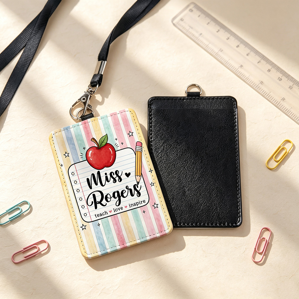Personalized Apple Pencil PU Leather Card Holder with Name, Teach Love Inspire Teacher ID Badge Holder, Back to School Teacher Appreciation Gift