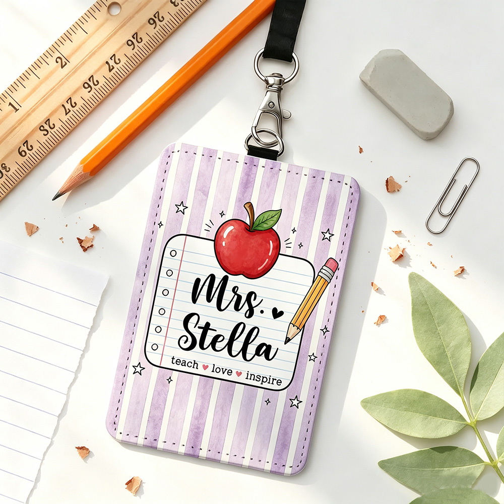 Personalized Apple Pencil PU Leather Card Holder with Name, Teach Love Inspire Teacher ID Badge Holder, Back to School Teacher Appreciation Gift