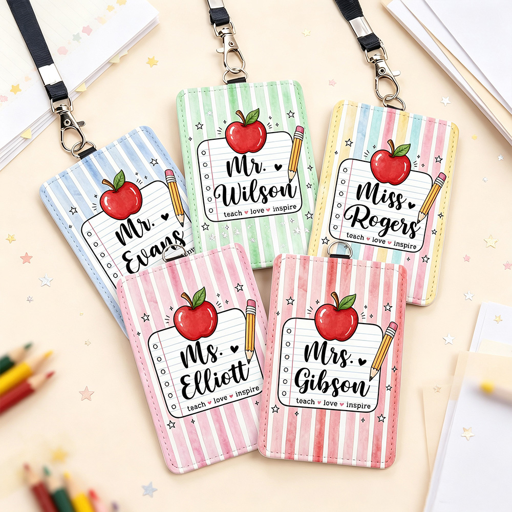 Personalized Apple Pencil PU Leather Card Holder with Name, Teach Love Inspire Teacher ID Badge Holder, Back to School Teacher Appreciation Gift