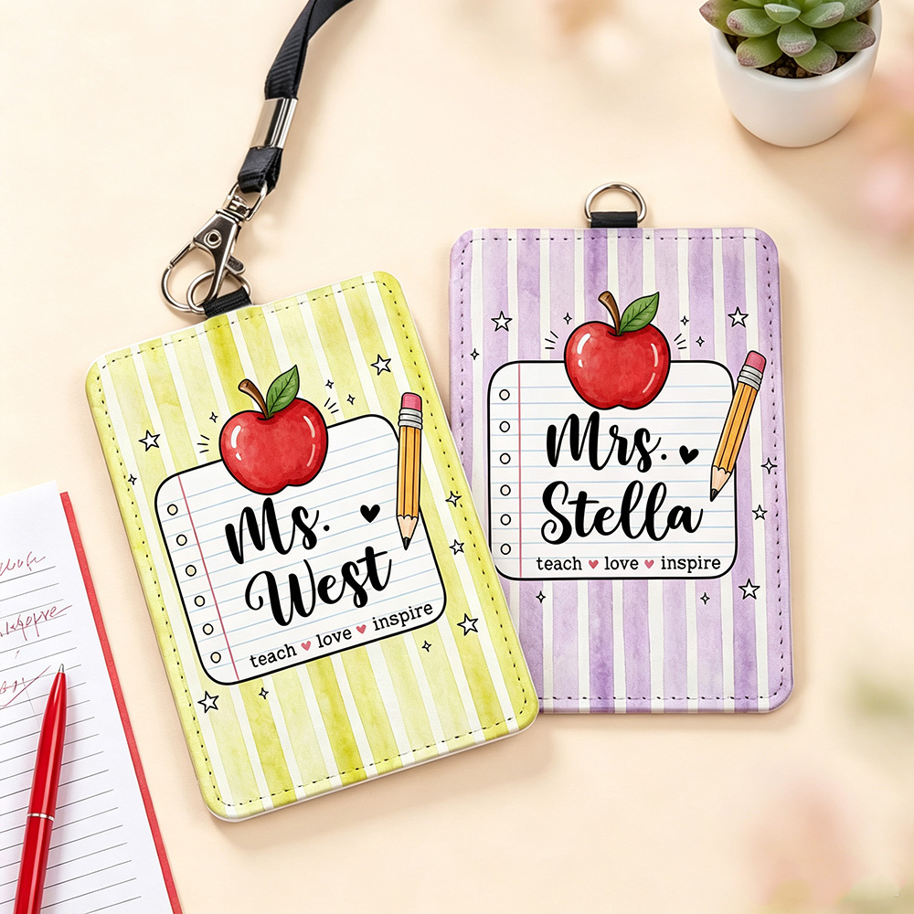 Personalized Apple Pencil PU Leather Card Holder with Name, Teach Love Inspire Teacher ID Badge Holder, Back to School Teacher Appreciation Gift