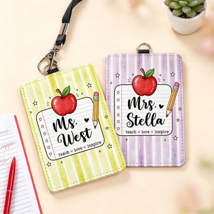 Personalized Apple Pencil PU Leather Card Holder with Name, Teach Love Inspire Teacher ID Badge Holder, Back to School Teacher Appreciation Gift