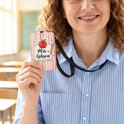 Personalized Apple Pencil PU Leather Card Holder with Name, Teach Love Inspire Teacher ID Badge Holder, Back to School Teacher Appreciation Gift