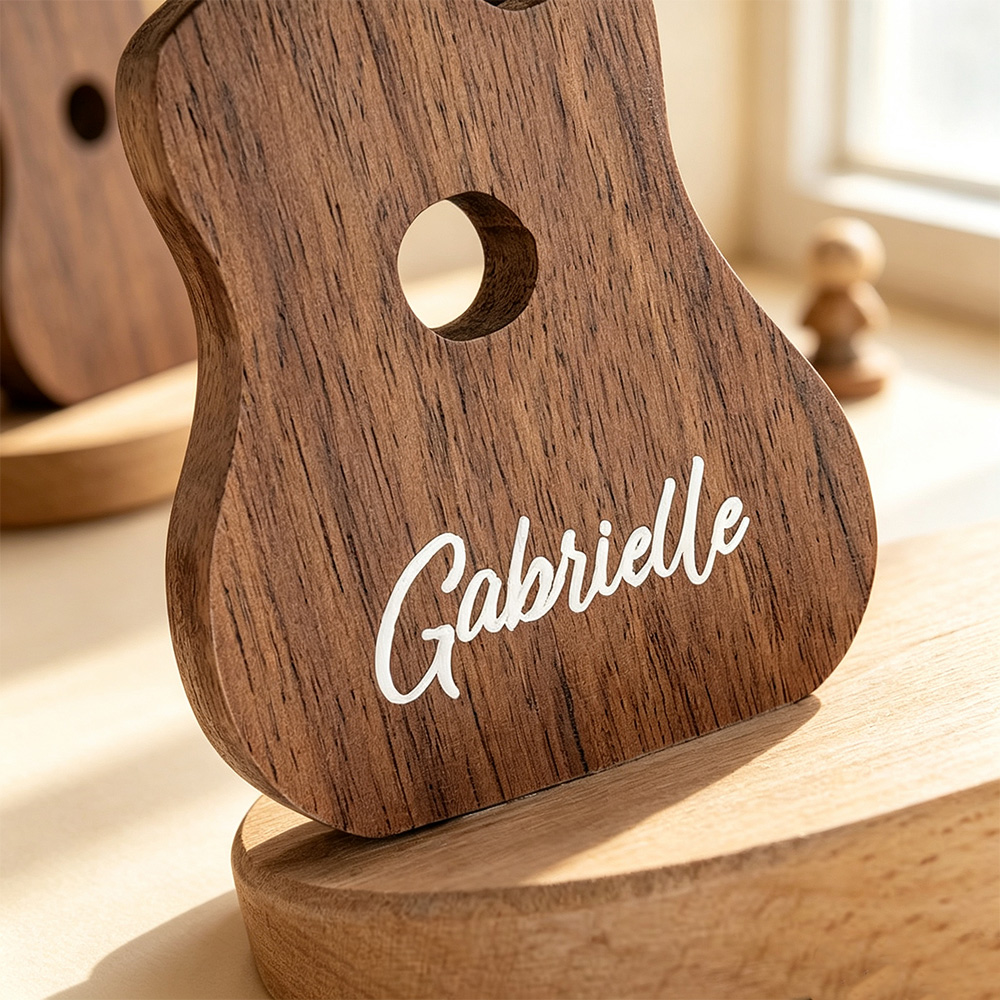 Personalised Guitar-Shaped Wooden Phone Stand with Engraved Name, Desktop Mobile Holder and Music Lover Gift