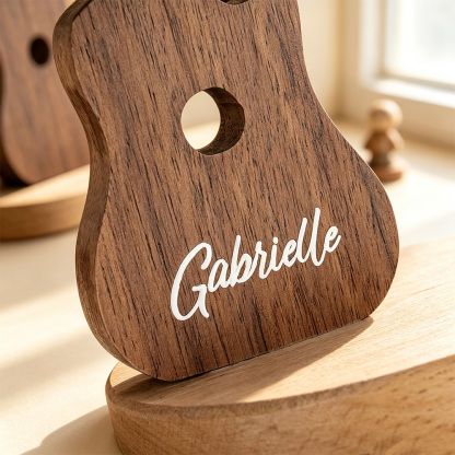 Personalised Guitar-Shaped Wooden Phone Stand with Engraved Name, Desktop Mobile Holder and Music Lover Gift