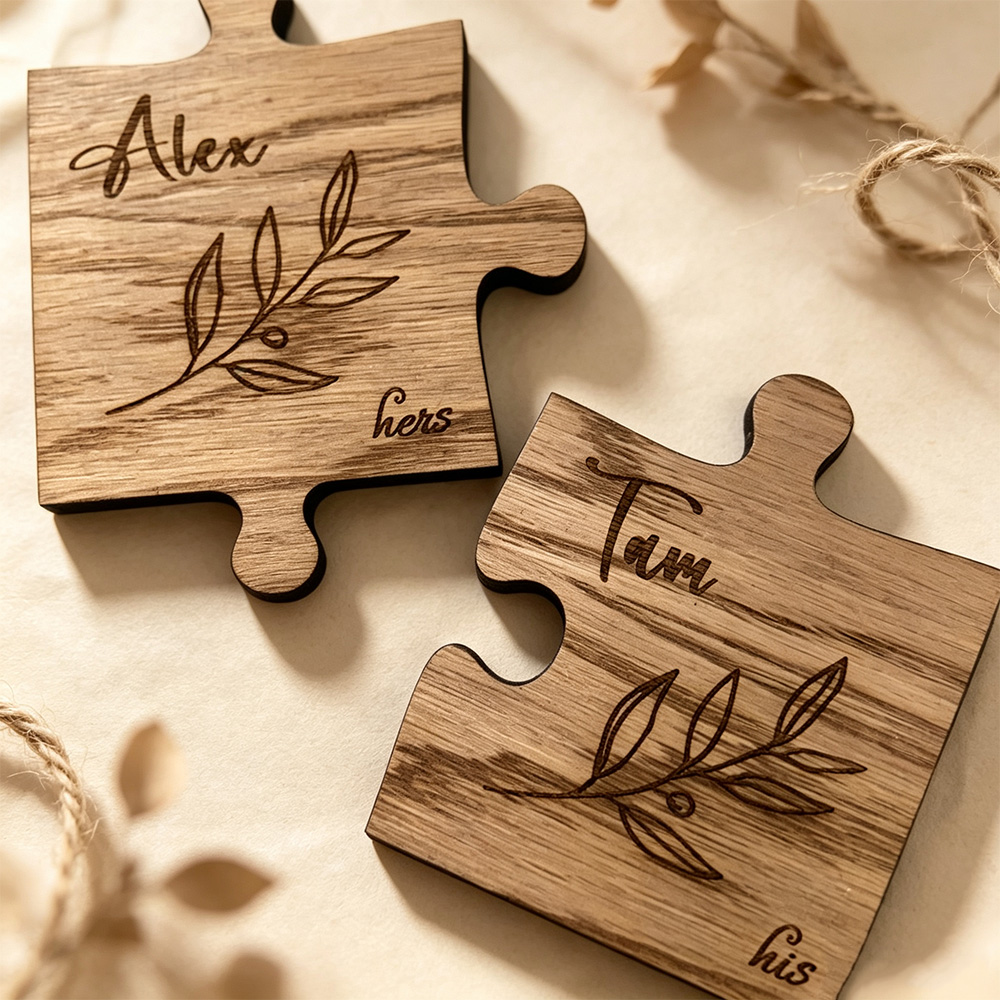 Personalized Couple Coasters, Custom His and Hers Wooden Drink Coasters, Engraved Name Wedding Gift, Anniversary Gift for Couples