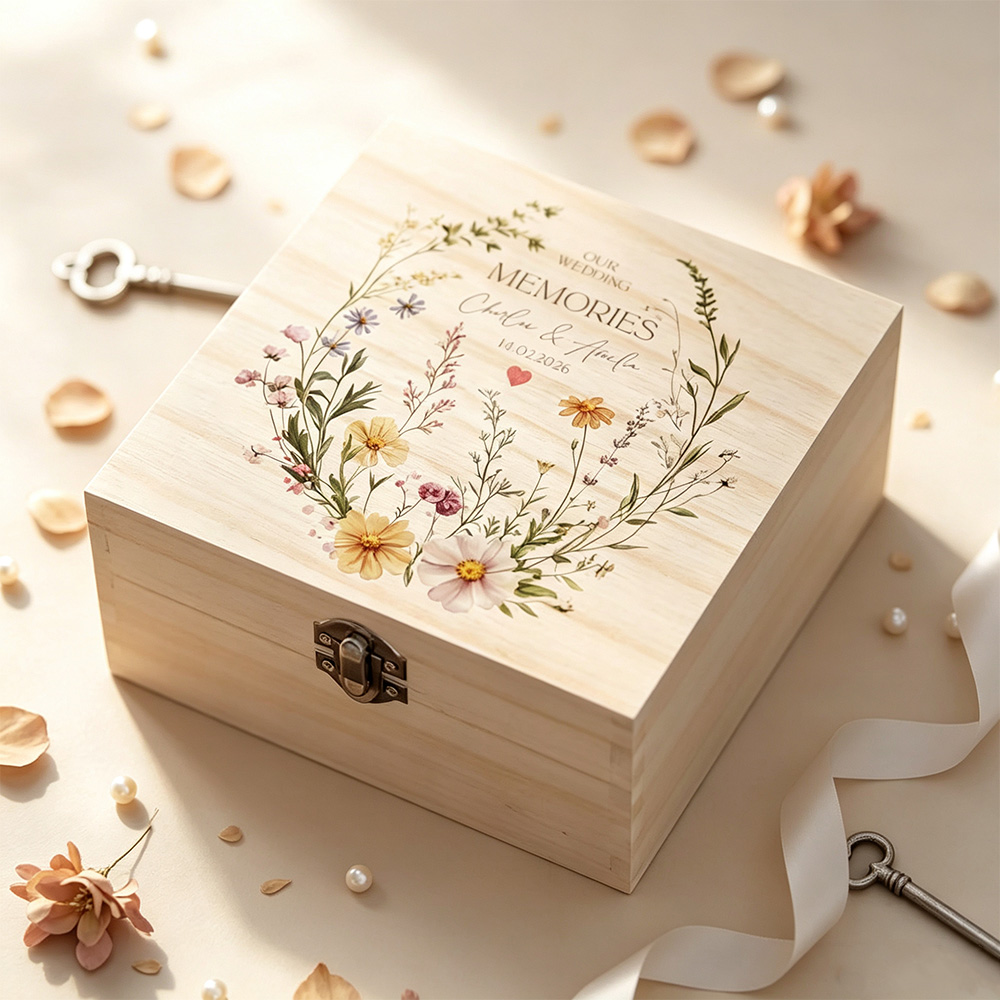 Personalized Wooden Wedding Keepsake Box, Custom Couple Names & Date Memory Box, Floral Wedding Gift for Newlyweds, Anniversary Keepsake