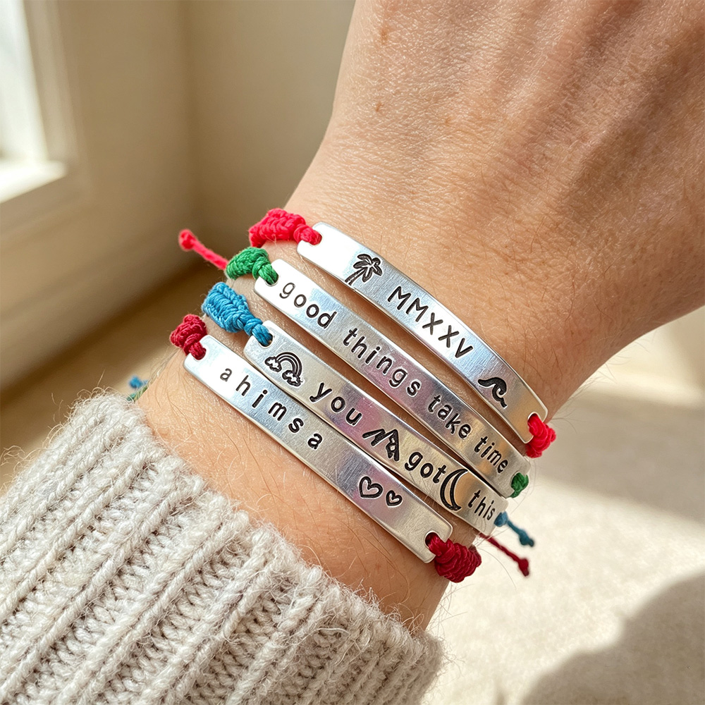 Personalized Stamped Bar Bracelet, Custom Name Bracelet, Handmade Adjustable Cord Bracelet, Inspirational Message Jewelry Gift for Her