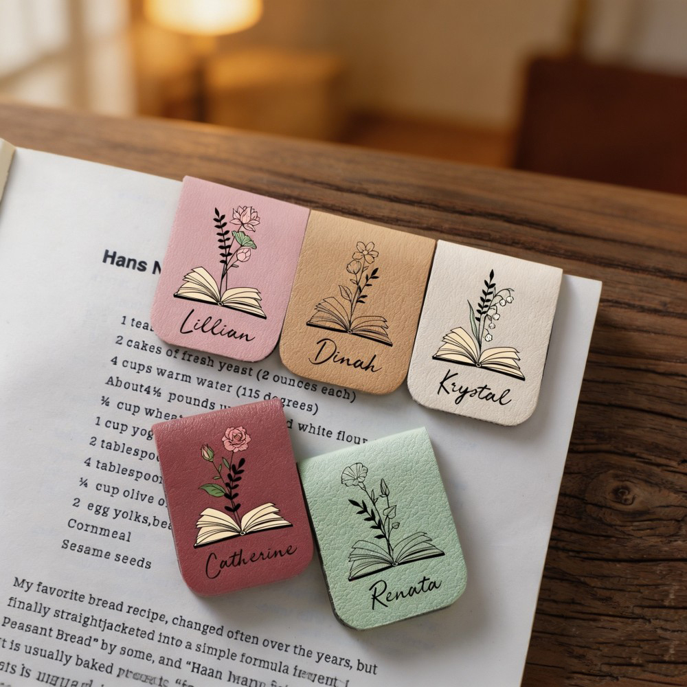 Personalized Birth Flower Leather Magnetic Bookmark, Custom Name Floral Bookmark Clip, Reading Gift for Book Lovers, Birthday Gift for Her