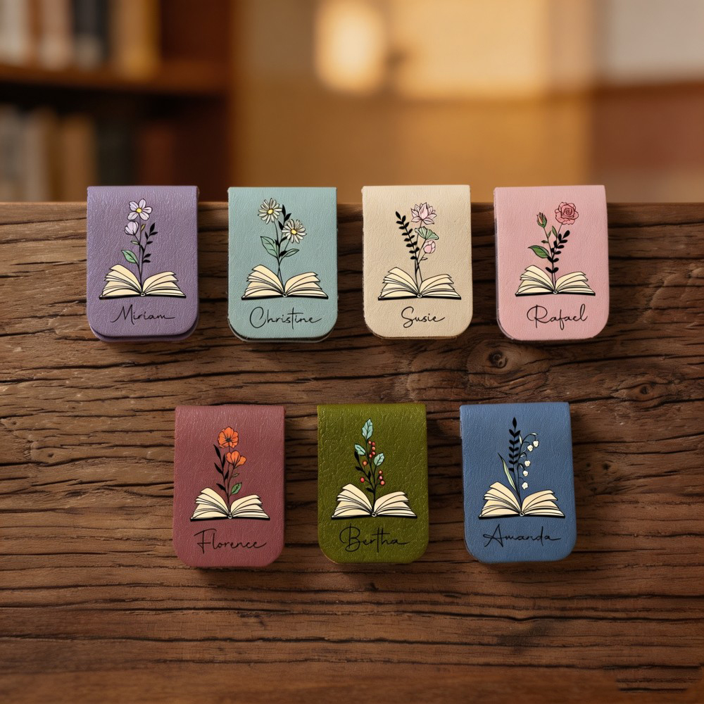 Personalized Birth Flower Leather Magnetic Bookmark, Custom Name Floral Bookmark Clip, Reading Gift for Book Lovers, Birthday Gift for Her