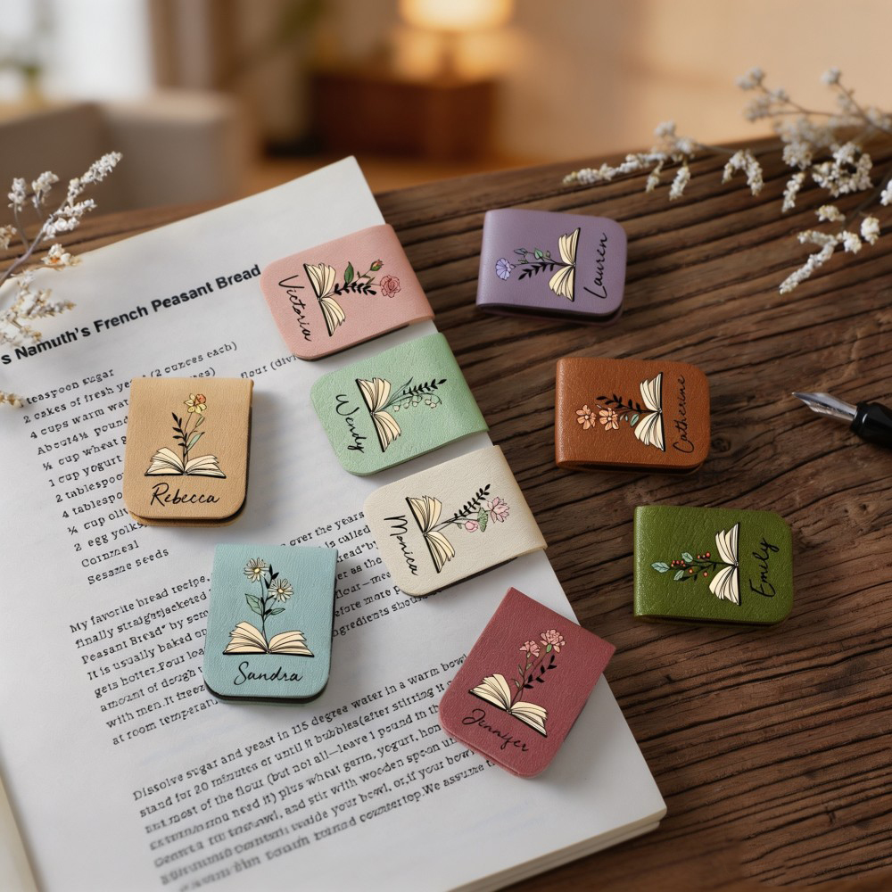 Personalized Birth Flower Leather Magnetic Bookmark, Custom Name Floral Bookmark Clip, Reading Gift for Book Lovers, Birthday Gift for Her