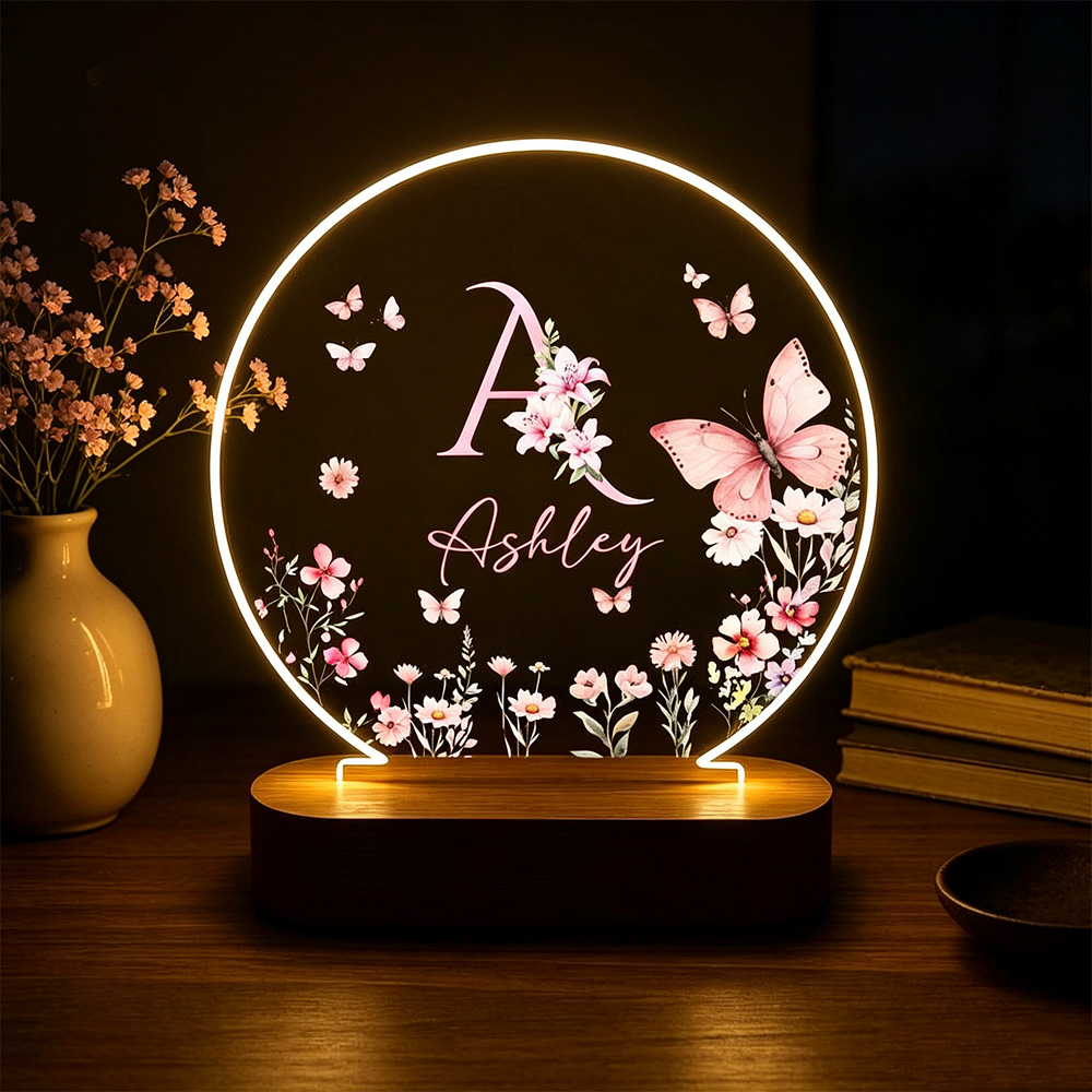 Personalized Butterfly Flower Night Light with Name, Custom Acrylic LED Lamp with Wooden Base, Floral Bedroom Decor, Birthday Gift for Her