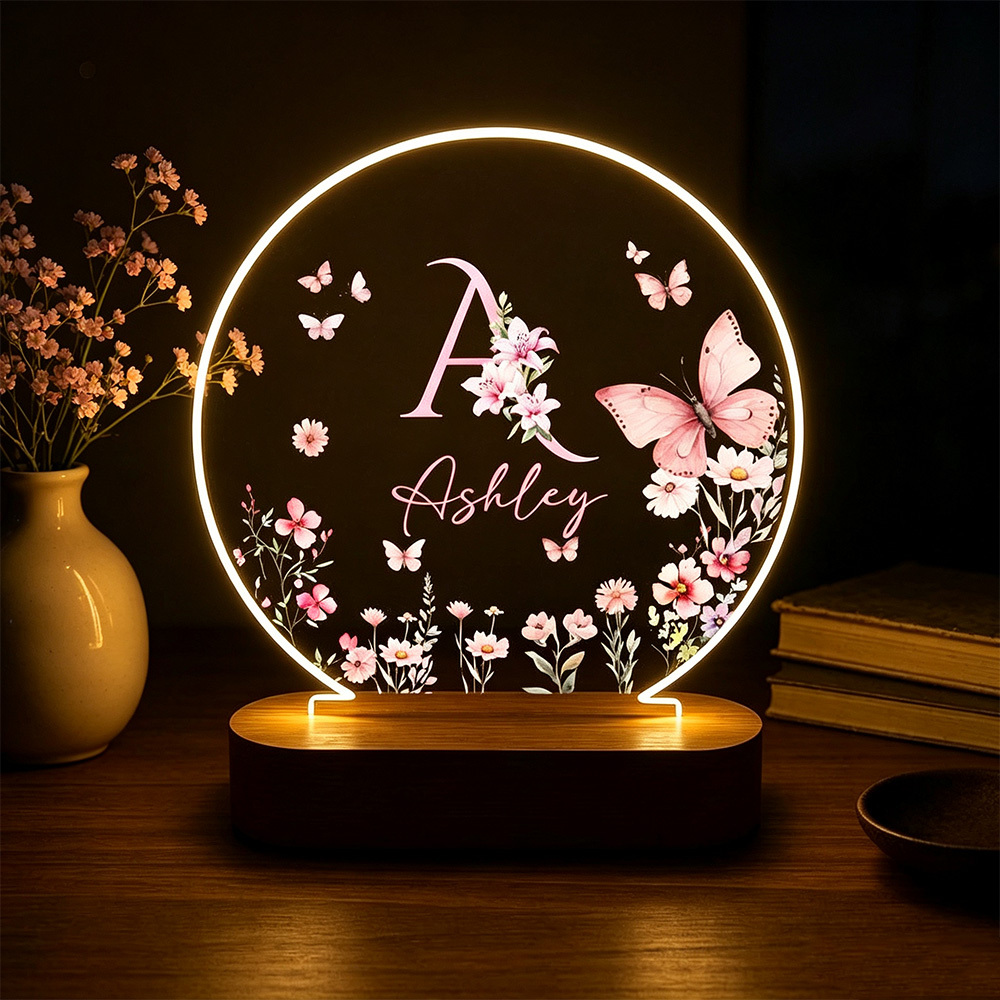 Personalized Butterfly Flower Night Light with Name, Custom Acrylic LED Lamp with Wooden Base, Floral Bedroom Decor, Birthday Gift for Her