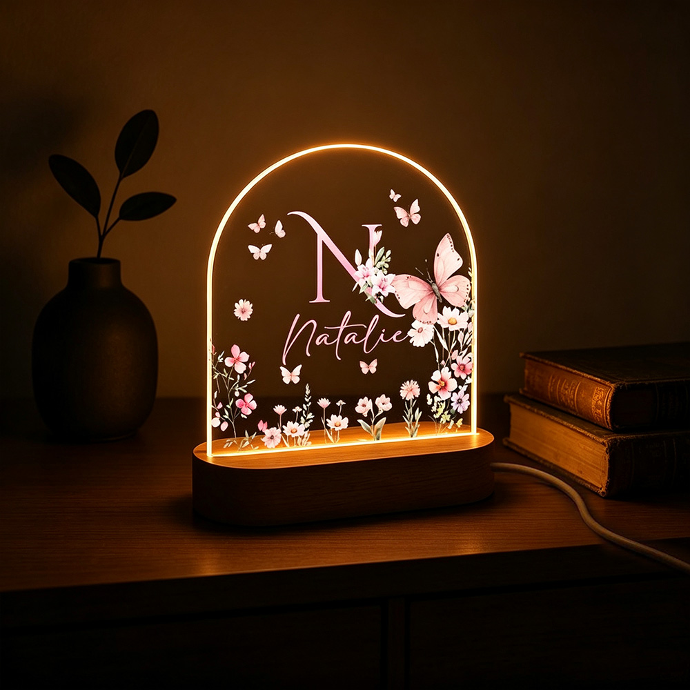 Personalized Butterfly Flower Night Light with Name, Custom Acrylic LED Lamp with Wooden Base, Floral Bedroom Decor, Birthday Gift for Her