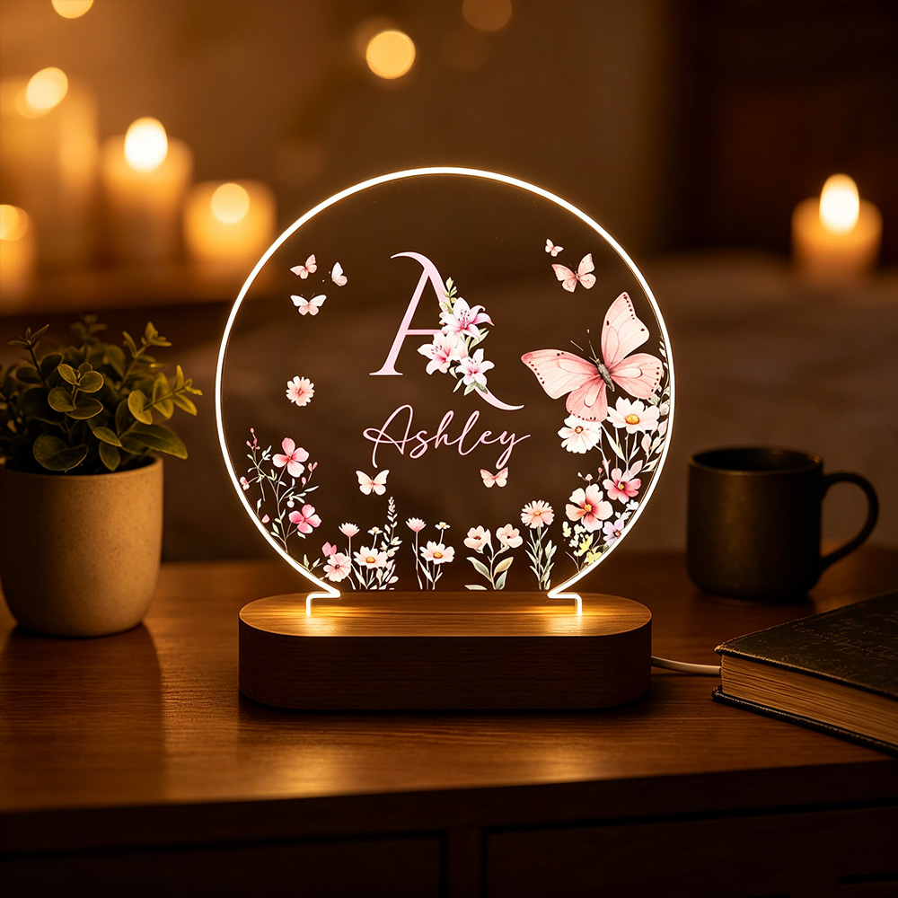Personalized Butterfly Flower Night Light with Name, Custom Acrylic LED Lamp with Wooden Base, Floral Bedroom Decor, Birthday Gift for Her
