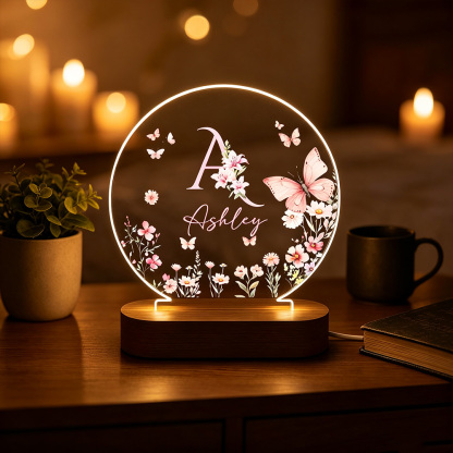 Personalized Butterfly Flower Night Light with Name, Custom Acrylic LED Lamp with Wooden Base, Floral Bedroom Decor, Birthday Gift for Her