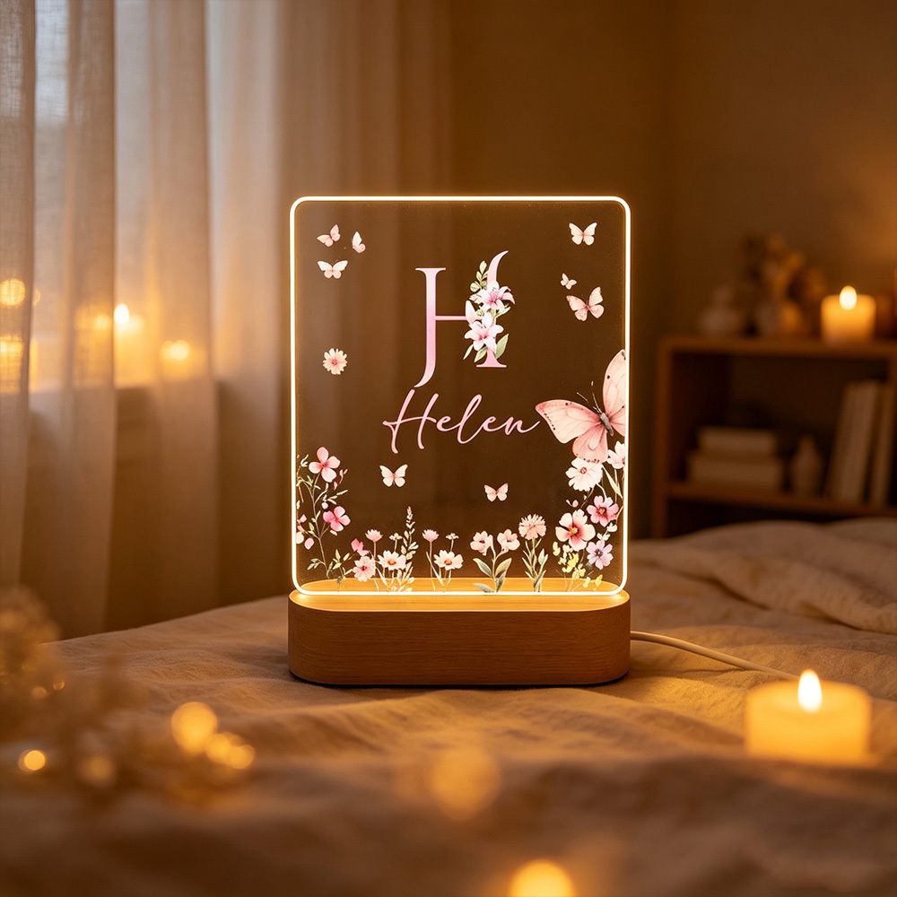 Personalized Butterfly Flower Night Light with Name, Custom Acrylic LED Lamp with Wooden Base, Floral Bedroom Decor, Birthday Gift for Her
