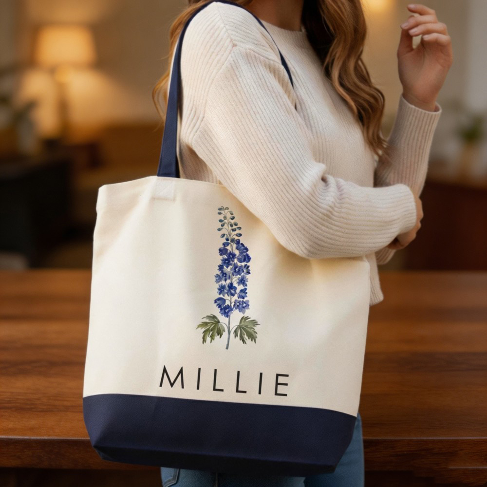 Personalized Birth Flower Canvas Tote Bag with Custom Name, Floral Shopper Bag, Birthday Gift for Her, Mom, Best Friend, Bridesmaid & Wedding Favor