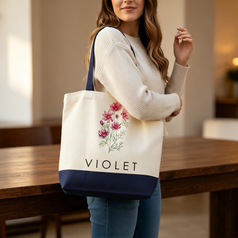 Personalized Birth Flower Canvas Tote Bag with Custom Name, Floral Shopper Bag, Birthday Gift for Her, Mom, Best Friend, Bridesmaid & Wedding Favor