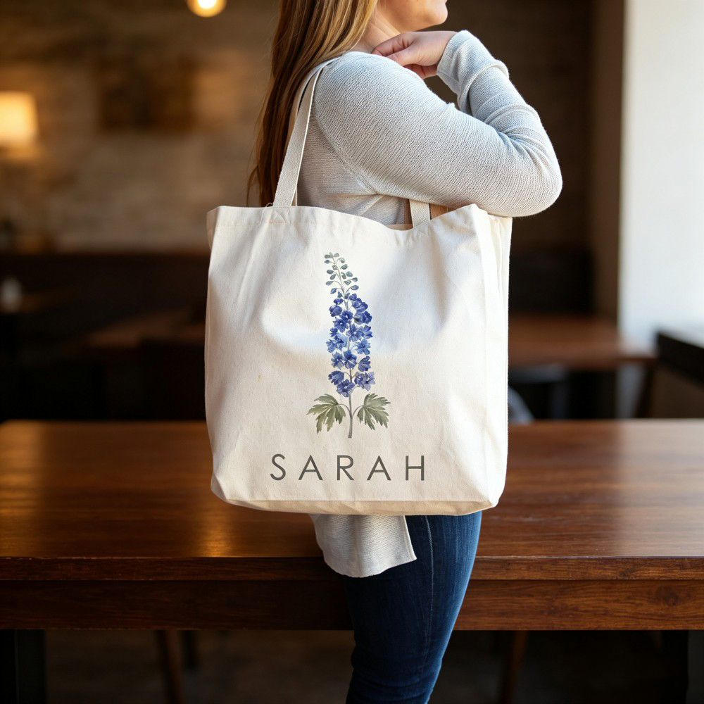 Personalized Birth Flower Canvas Tote Bag with Custom Name, Floral Shopper Bag, Birthday Gift for Her, Mom, Best Friend, Bridesmaid & Wedding Favor