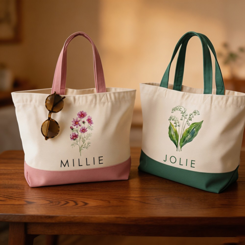 Personalized Birth Flower Canvas Tote Bag with Custom Name, Floral Shopper Bag, Birthday Gift for Her, Mom, Best Friend, Bridesmaid & Wedding Favor