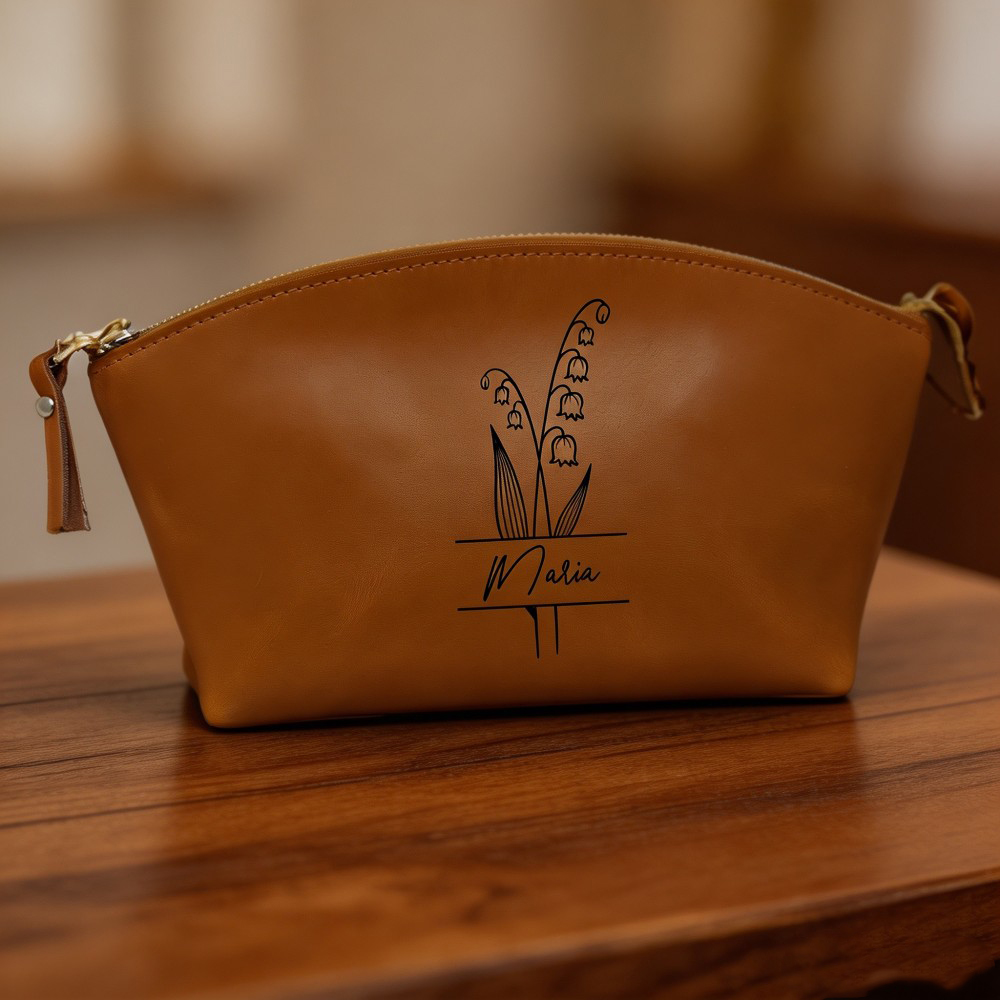Personalized Floral Leather Cosmetic Bag, Custom Name Makeup Pouch, Monogram Toiletry Bag, Bridesmaid Gift, Birthday Gift for Her