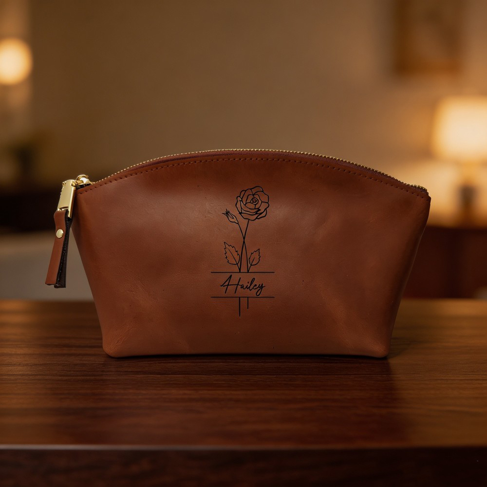 Personalized Floral Leather Cosmetic Bag, Custom Name Makeup Pouch, Monogram Toiletry Bag, Bridesmaid Gift, Birthday Gift for Her