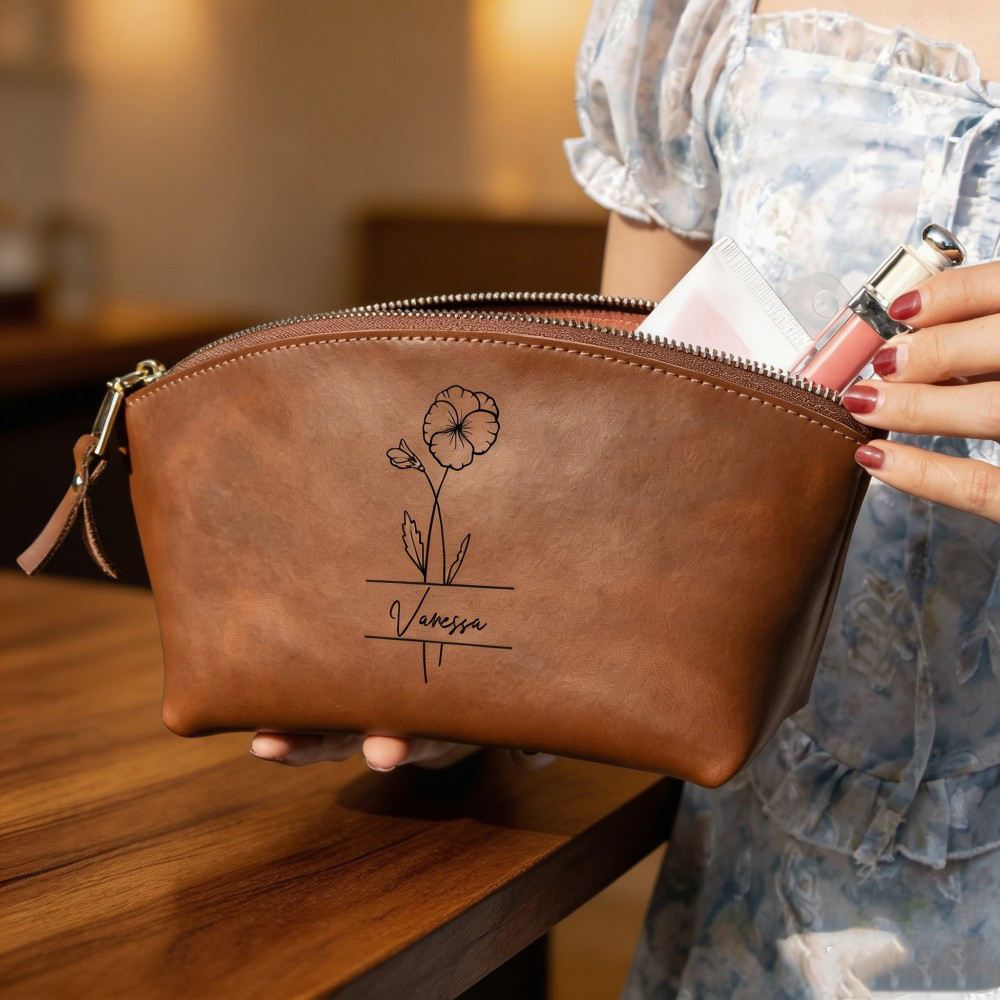 Personalized Floral Leather Cosmetic Bag, Custom Name Makeup Pouch, Monogram Toiletry Bag, Bridesmaid Gift, Birthday Gift for Her