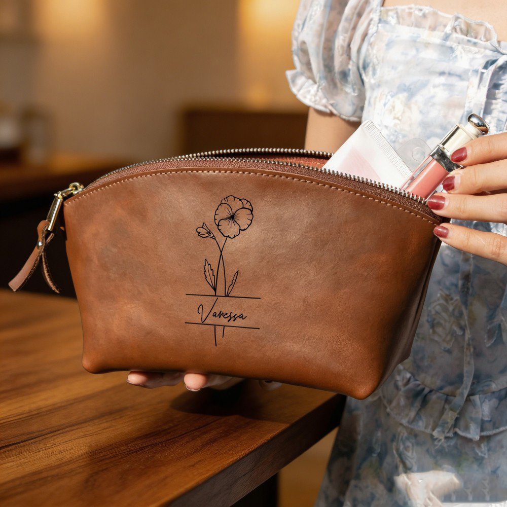 Personalized Floral Leather Cosmetic Bag, Custom Name Makeup Pouch, Monogram Toiletry Bag, Bridesmaid Gift, Birthday Gift for Her