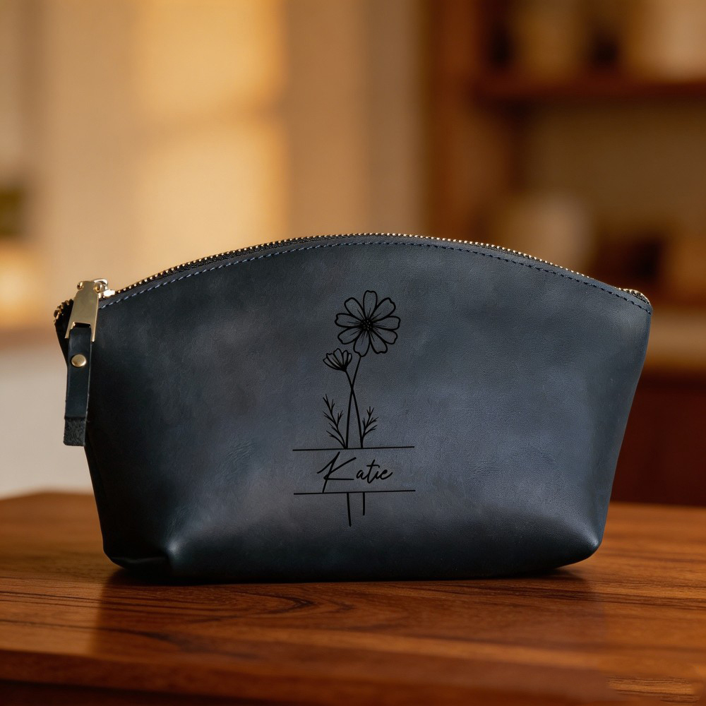 Personalized Floral Leather Cosmetic Bag, Custom Name Makeup Pouch, Monogram Toiletry Bag, Bridesmaid Gift, Birthday Gift for Her