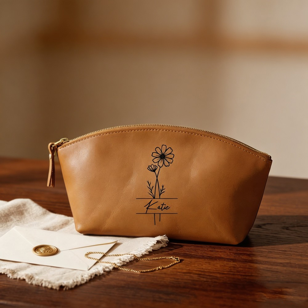 Personalized Floral Leather Cosmetic Bag, Custom Name Makeup Pouch, Monogram Toiletry Bag, Bridesmaid Gift, Birthday Gift for Her