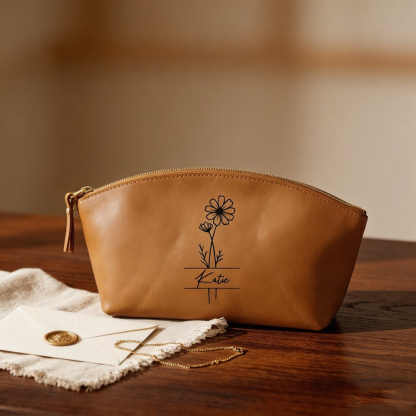 Personalized Floral Leather Cosmetic Bag, Custom Name Makeup Pouch, Monogram Toiletry Bag, Bridesmaid Gift, Birthday Gift for Her