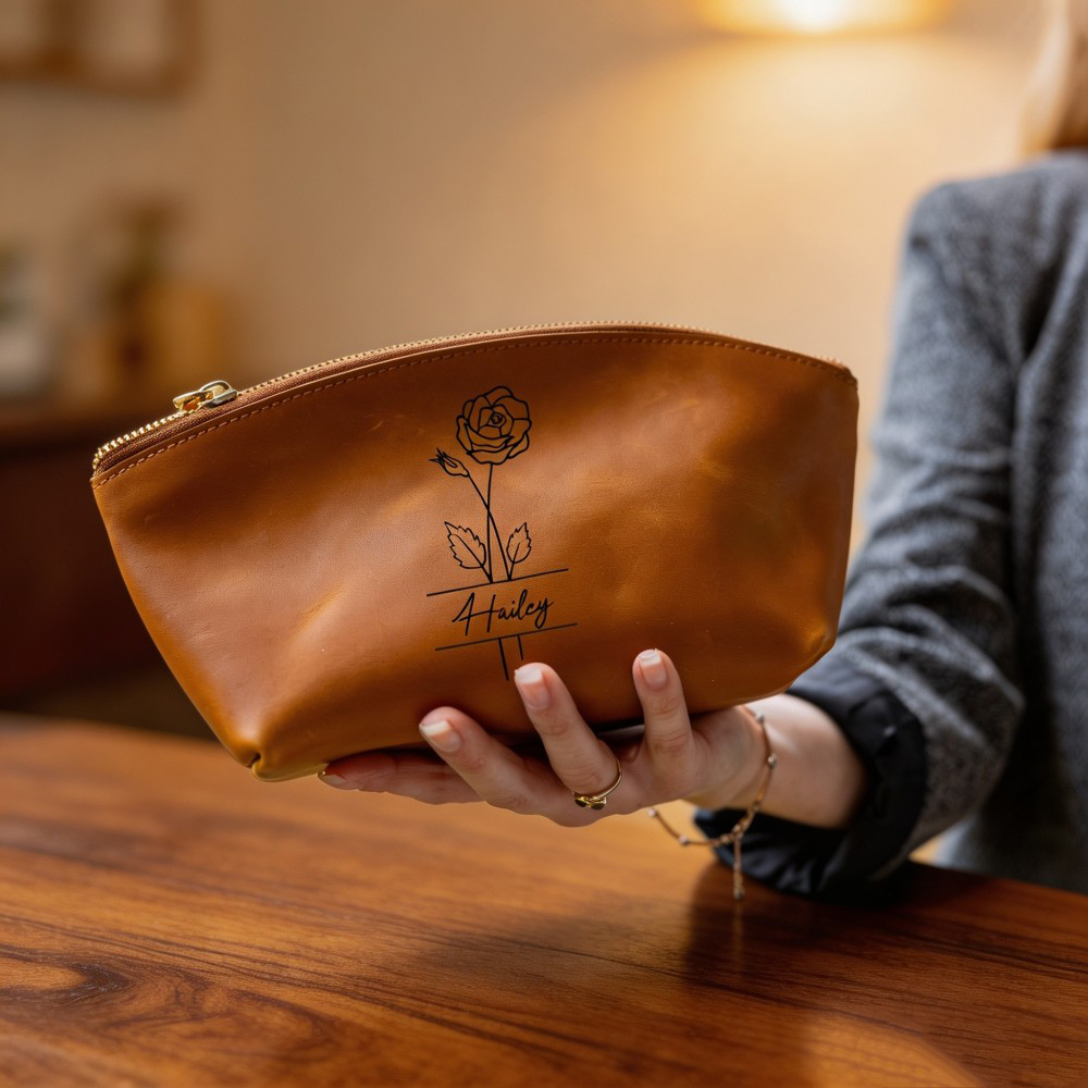 Personalized Floral Leather Cosmetic Bag, Custom Name Makeup Pouch, Monogram Toiletry Bag, Bridesmaid Gift, Birthday Gift for Her