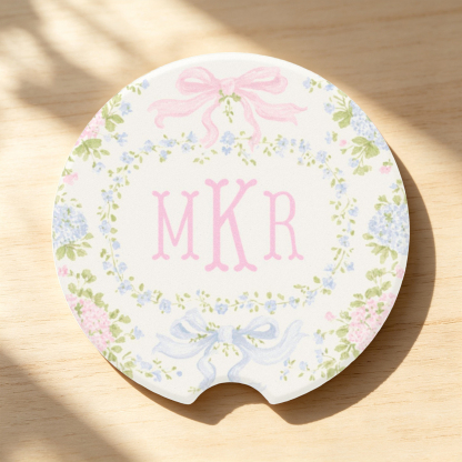 Personalized Floral Car Coaster, Custom Monogram Pink Blue Coquette Car Cup Holder Decor, Grandmillennial Car Accessory, Cute Gift for Her