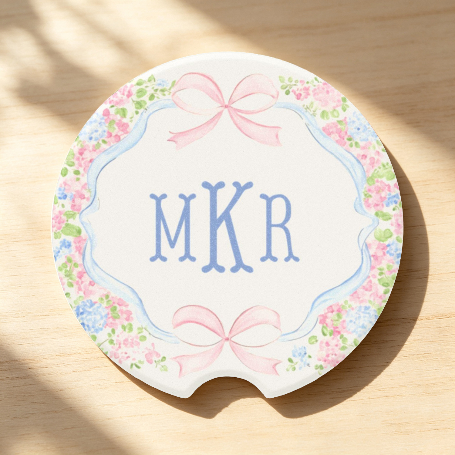 Personalized Floral Car Coaster, Custom Monogram Pink Blue Coquette Car Cup Holder Decor, Grandmillennial Car Accessory, Cute Gift for Her