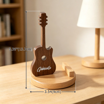 Personalised Guitar-Shaped Wooden Phone Stand with Engraved Name, Desktop Mobile Holder and Music Lover Gift
