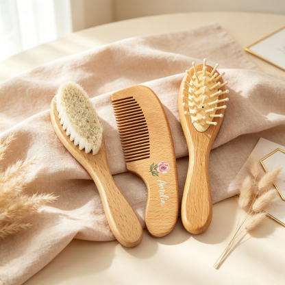 Personalized Wooden Baby Hair Brush & Comb Set, Custom Name Floral Hairbrush Set, Newborn Keepsake Gift, Baby Shower Gift for Boys & Girls