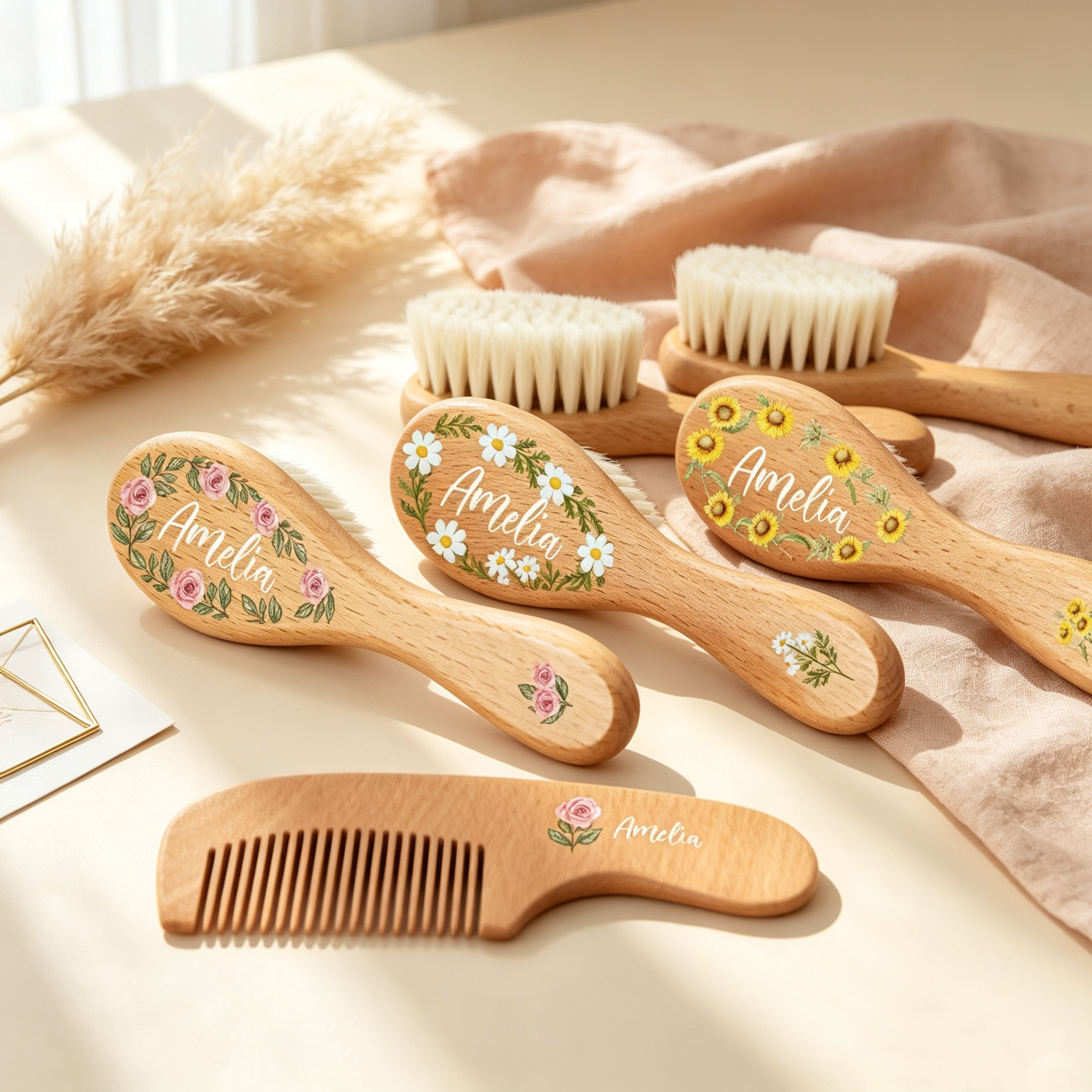 Personalized Wooden Baby Hair Brush & Comb Set, Custom Name Floral Hairbrush Set, Newborn Keepsake Gift, Baby Shower Gift for Boys & Girls