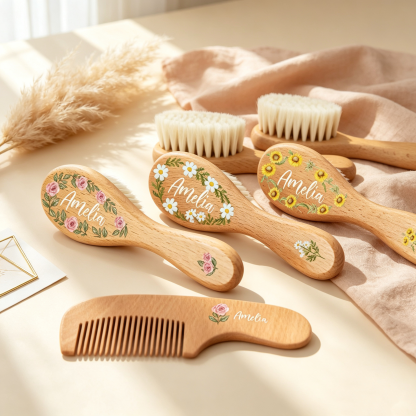 Personalized Wooden Baby Hair Brush & Comb Set, Custom Name Floral Hairbrush Set, Newborn Keepsake Gift, Baby Shower Gift for Boys & Girls
