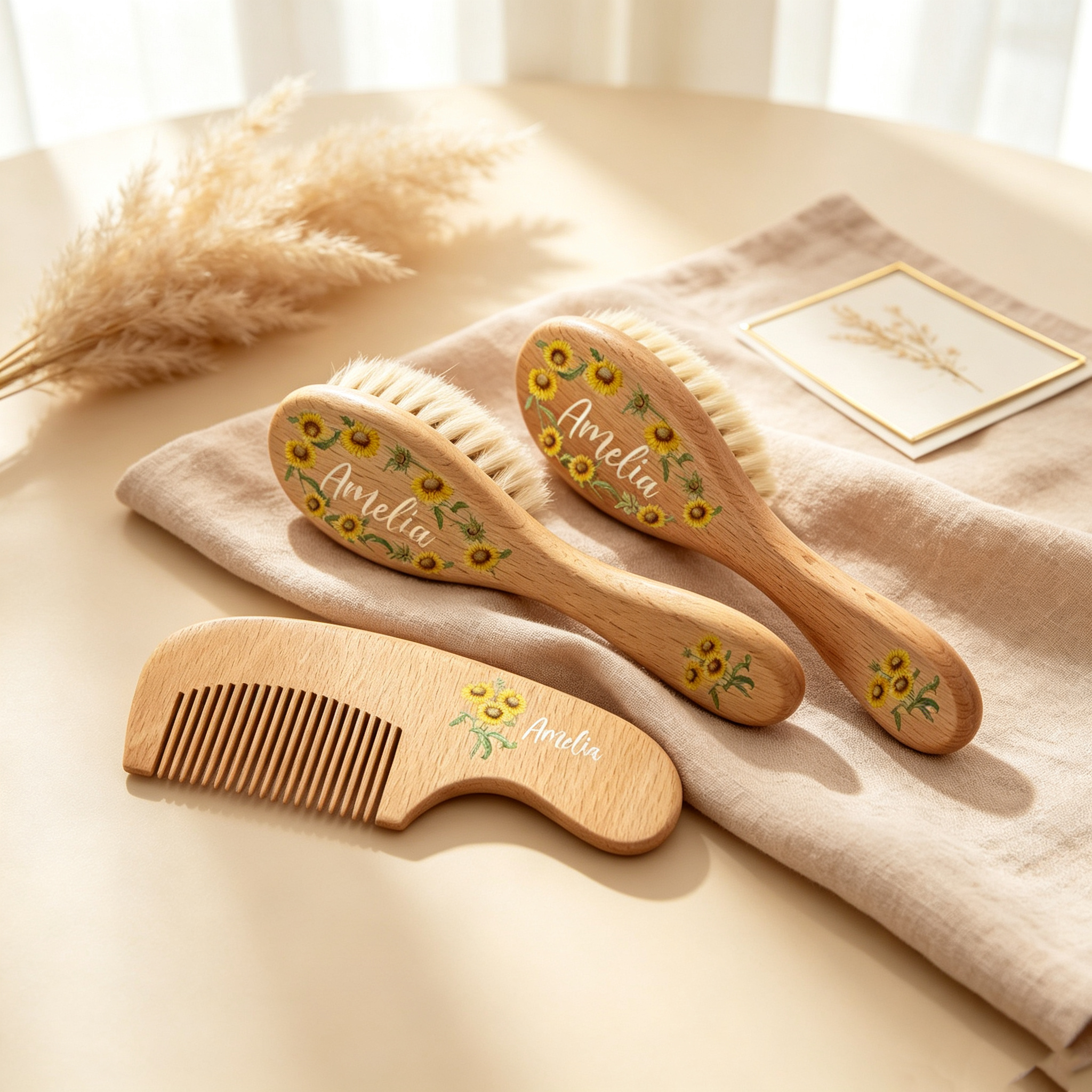 Personalized Wooden Baby Hair Brush & Comb Set, Custom Name Floral Hairbrush Set, Newborn Keepsake Gift, Baby Shower Gift for Boys & Girls