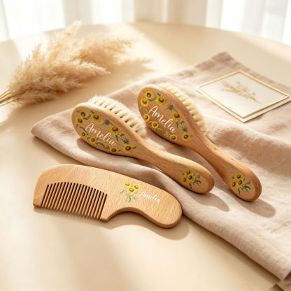 Personalized Wooden Baby Hair Brush & Comb Set, Custom Name Floral Hairbrush Set, Newborn Keepsake Gift, Baby Shower Gift for Boys & Girls