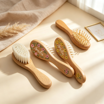 Personalized Wooden Baby Hair Brush & Comb Set, Custom Name Floral Hairbrush Set, Newborn Keepsake Gift, Baby Shower Gift for Boys & Girls