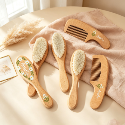 Personalized Wooden Baby Hair Brush & Comb Set, Custom Name Floral Hairbrush Set, Newborn Keepsake Gift, Baby Shower Gift for Boys & Girls