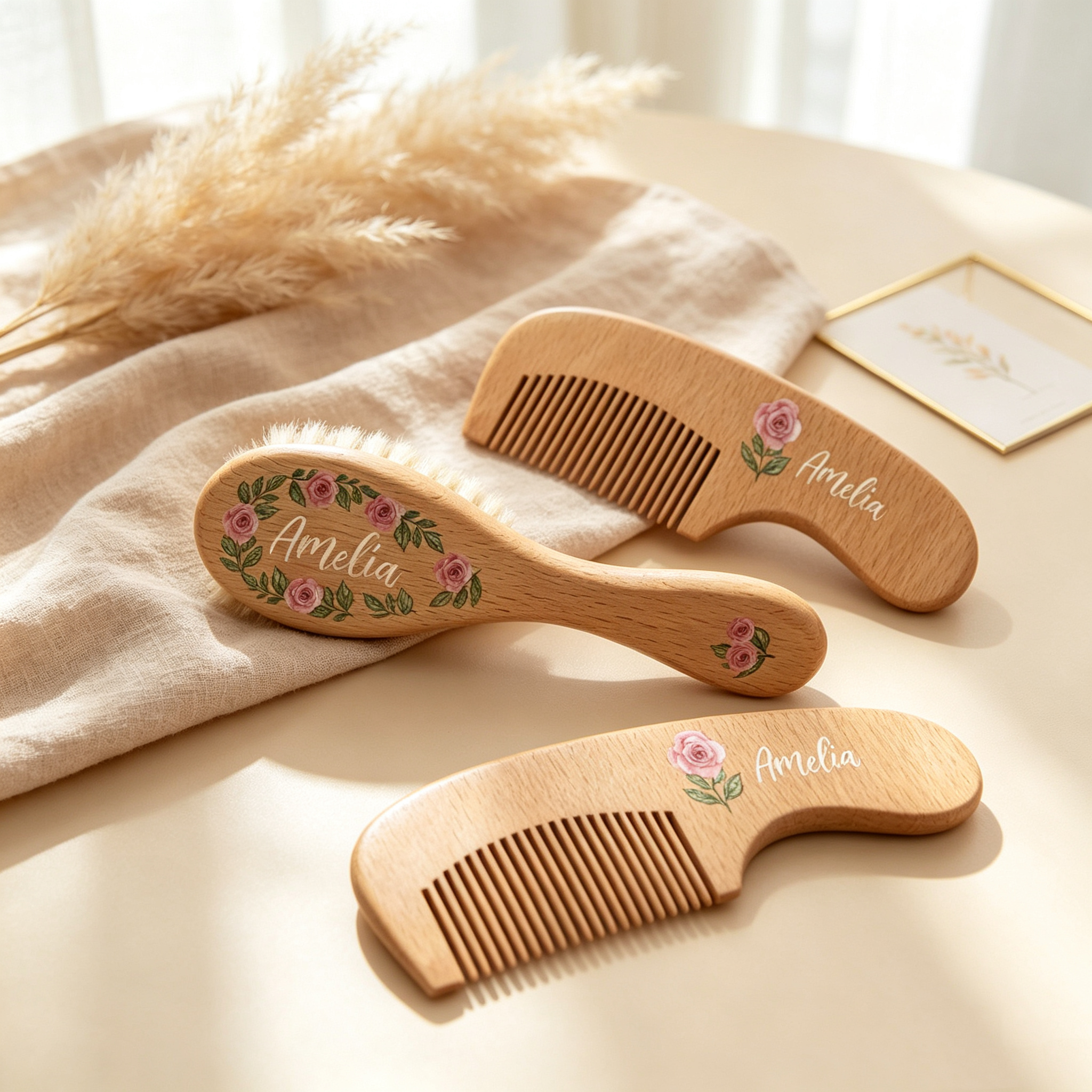 Personalized Wooden Baby Hair Brush & Comb Set, Custom Name Floral Hairbrush Set, Newborn Keepsake Gift, Baby Shower Gift for Boys & Girls