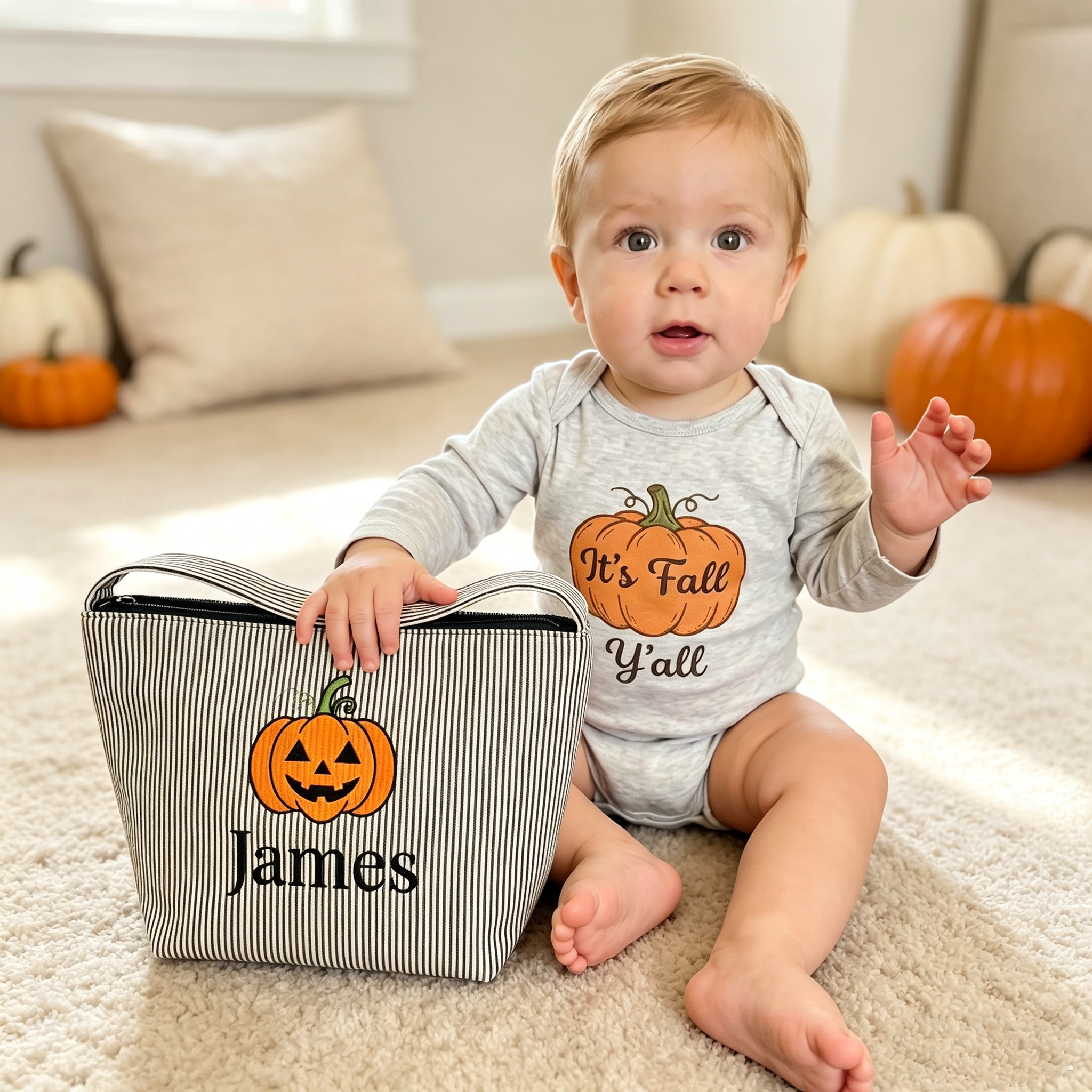 Personalized Halloween Trick or Treat Basket, Custom Embroidered Name Candy Bag for Kids, Pumpkin Bat Spider Halloween Bucket, Halloween Gift for Boys & Girls